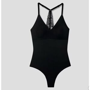 True & Co. Women's V-Neck Bra Lace Racerback Bodysuit black large NWT